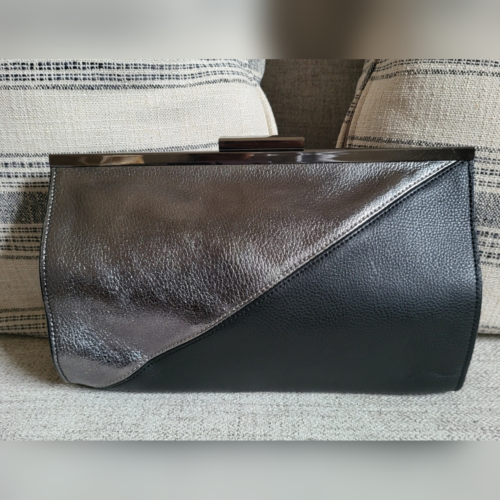 Halogen Black & Silver Genuine Leather Clutch, Nordstrom Brand.EUC